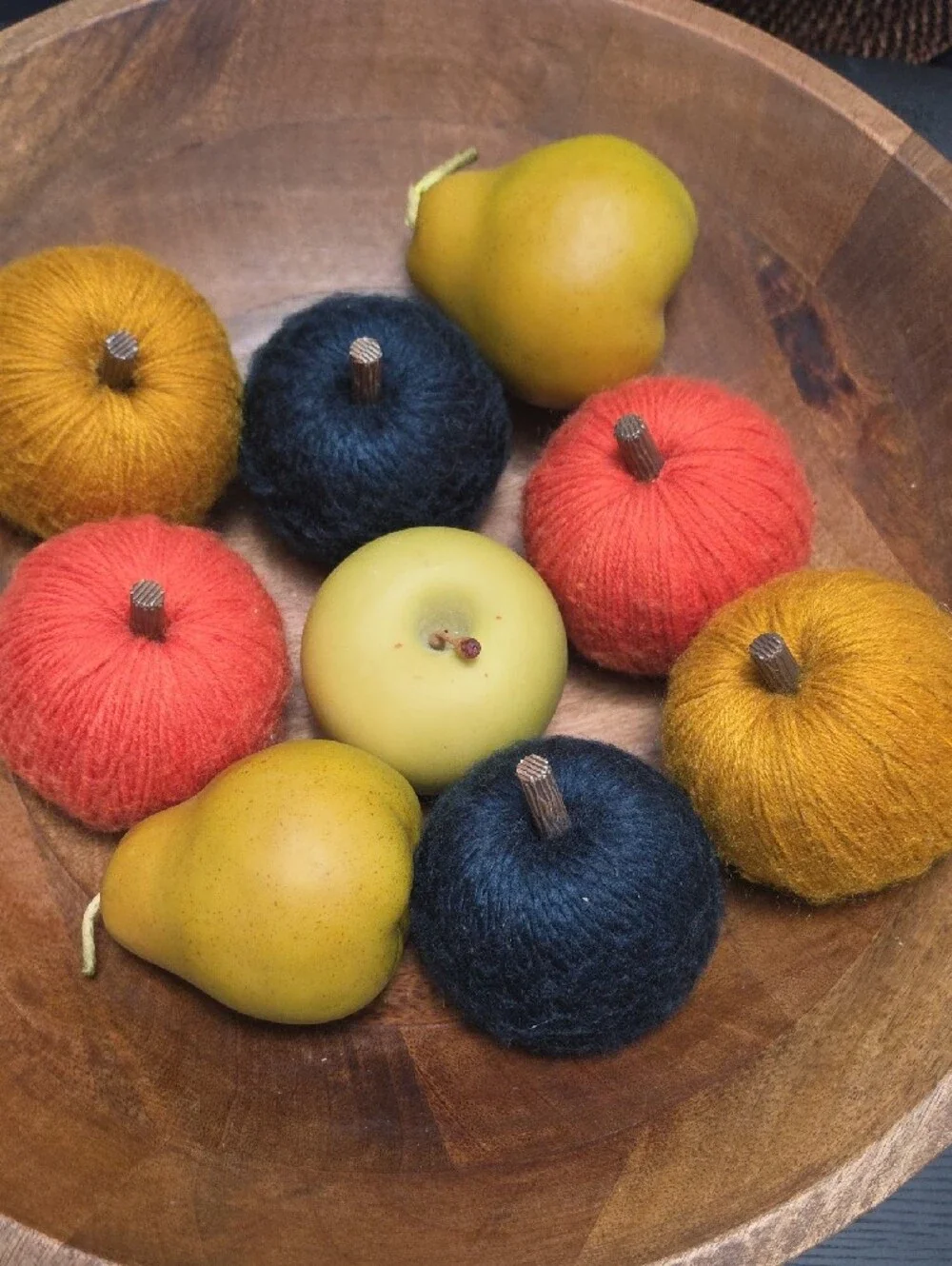 Handmade Yarn Pumpkins Trio - Black, Orange, Mustard - Home Art